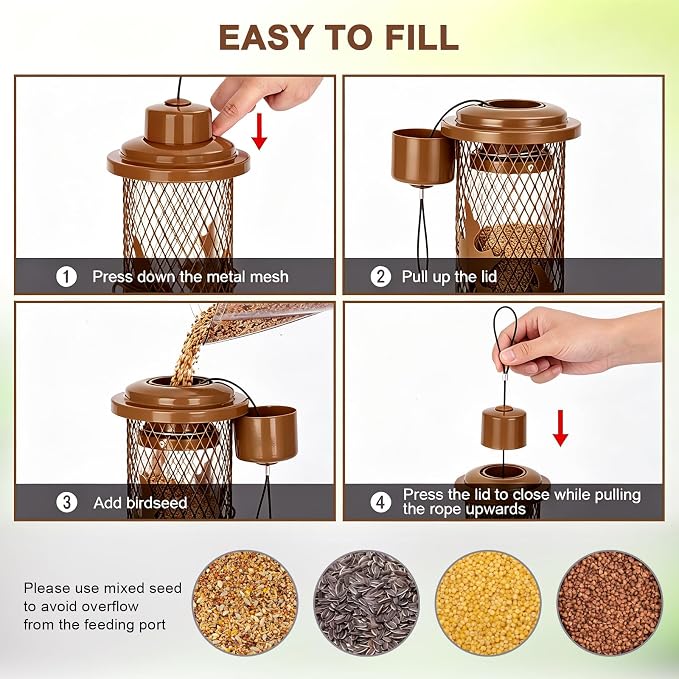 Gbekery Squirrel Proof Bird Feeders for Outdoors Hanging, Brown | Metal Wild Bird Feeders for Small Birds with Weight Activated Perches, Weatherproof and Durable, Perfect for Backyard Garden
