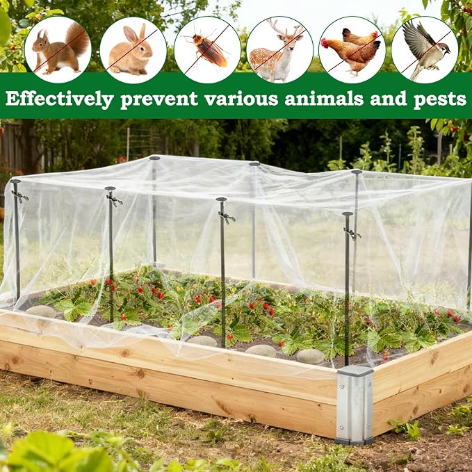 Metal Garden Netting Kit, 8 Pack 2.6ft Raised Garden Bed Net Support Stakes with 13×10ft Fine Mesh Insect Netting 16pcs Clips Bird Barrier Screen Cover for Protect Plant Vegetable Row from Animals Bug