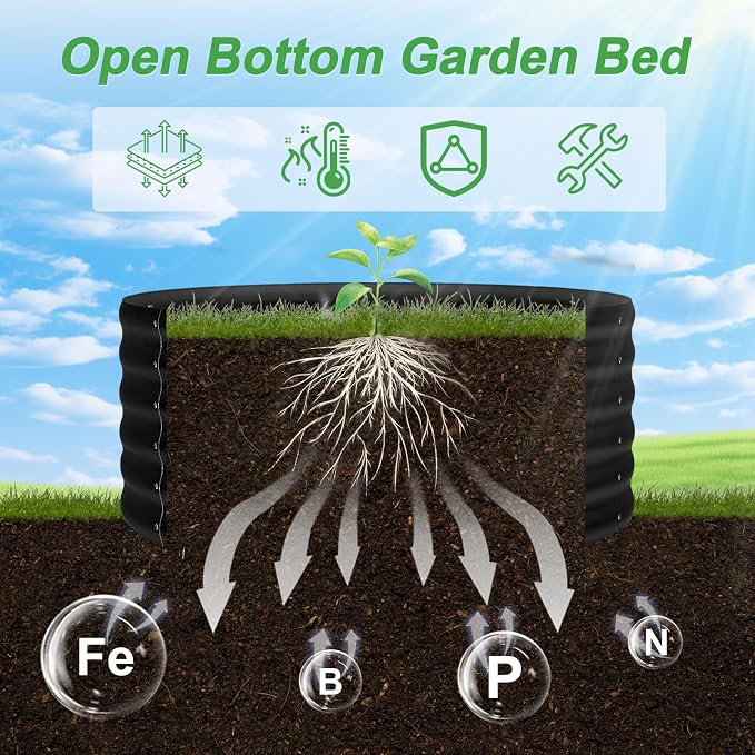 AHEONLAR 2 Pack 2x2x1.5ft Round Galvanized Raised Garden Bed Outdoor Metal Planter Box for Vegetables Steel Raised Beds for Gardening Black