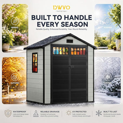 DWVO 6x4.4 FT Outdoor Storage Shed with Fence-Style and Side Windows, Lockable Door and Vents Resin Storage Shed for Garden, Backyard, Patio, Lawn