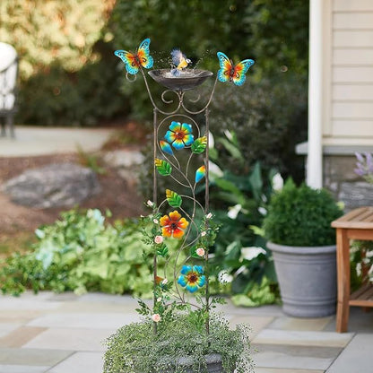 SUNNYPARK Bird Bath with Trellis Outdoor, Antique Garden Iron Plant Trellis with Decorative Floral-Butterflies Detachable Bird Bath Bowl Metal Potted Plants Support for Climbing Flowers