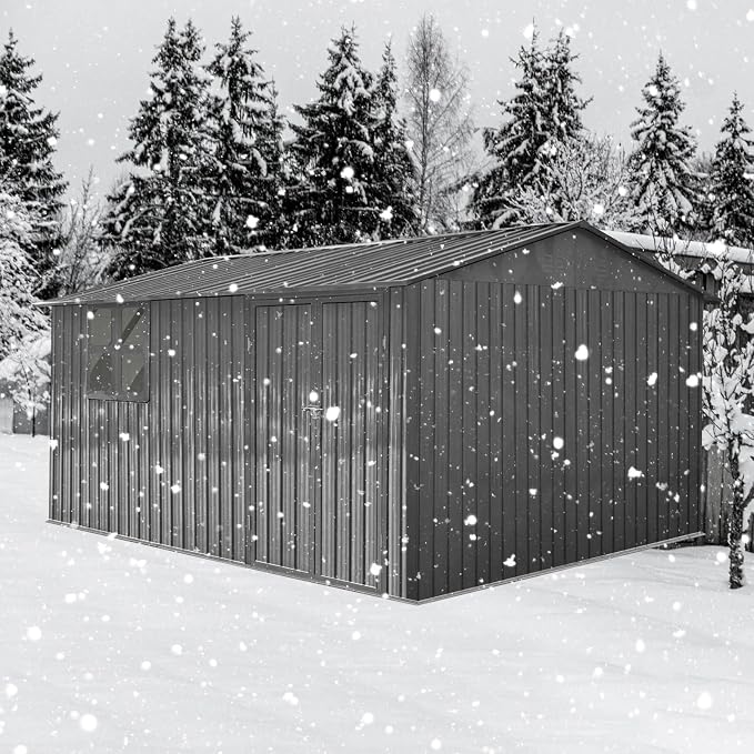 KEIKI 12x10 Ft Metal Outdoor Storage Shed Garden with Window, Foldable Worktable & Shelves, Lockable Door, Waterproof Apex Roof Heavy Duty Tool House for Backyard Garden Lawn, Grey