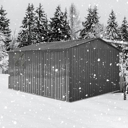 KEIKI 12x10 Ft Metal Outdoor Storage Shed Garden with Window, Foldable Worktable & Shelves, Lockable Door, Waterproof Apex Roof Heavy Duty Tool House for Backyard Garden Lawn, Grey
