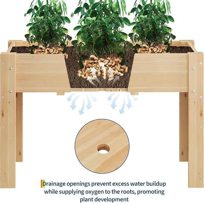 GarveeHome Elevated Garden Bed with Legs & Hooks, 47x30x22 Inch (4x2.5x1.8 ft) Raised Wood Planter Box for Vegetables/Herbs, Outdoor Patio & Backyard with Non-Woven Liner,Natural Wood