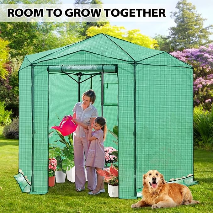 EAGLE PEAK 8.5x8.5 Portable Walk in Greenhouse, Pop Up Indoor Outdoor Greenhouse, Green House Kit with Zippered Roll-Up Doors and Windows, Hexagon Design, PE Cover, Clear/Green