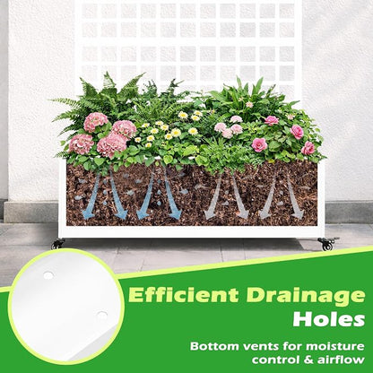 Metal Raised Garden Bed with Grid Trellis and Wheels, 43” L x 16” W x 71” H Privacy Screen for Climbing Plants, Metal Planter Box with Drainage Holes