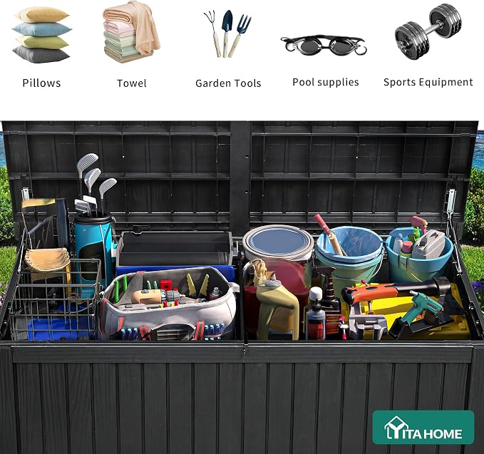 YITAHOME 220 Gallon Large Outdoor Storage XL Deck Box w/Divider for Patio | Outdoor Cushions, Garden Tools, Sports Equipment and Pool Supplies, Waterproof, Resin, Lockable, Black
