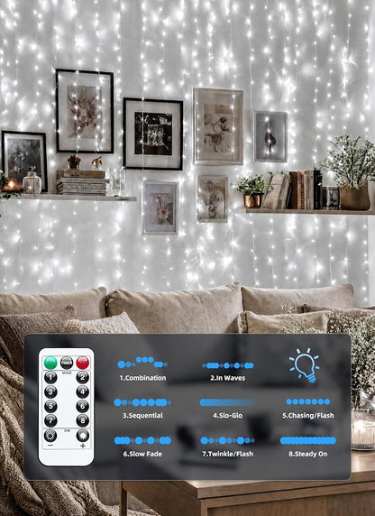 Brightown 300 LED White Fairy Curtain Lights, 9.8ft x 9.8ft String Lights | Winter Wonderland Decorations USB Plug in 8 Lighting Modes Christmas Hanging Lights with Remote for Bedroom Indoor Outdoor