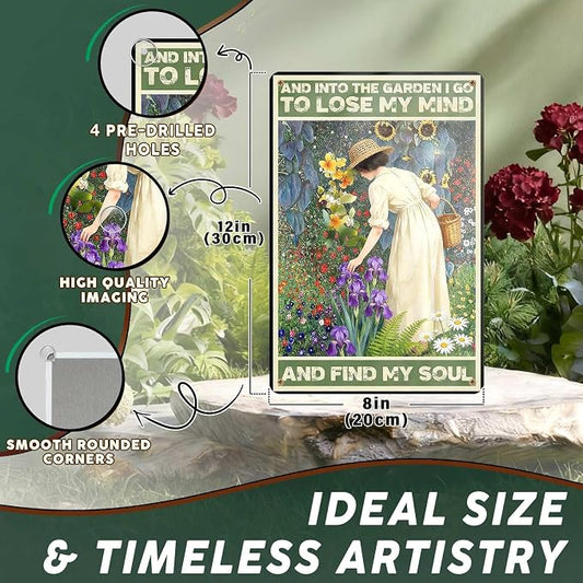 PEACHGARDEN Garden Signs and Into The Garden I Go Women's Gardening Gift Metal Sign Yard Wall Art Decor for Patio Porch Backyard 8x12 inch