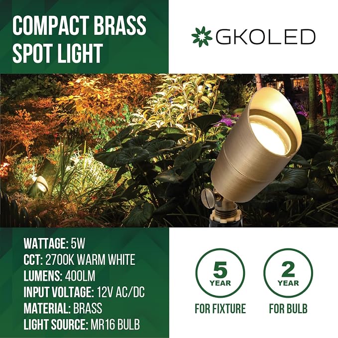 GKOLED Solid Brass Low Voltage Compact Spotlight, 12V AC/DC Waterproof Outdoor Landscape Spot Lights for House Trees Garden Yard Lawn, Up Light with 5W 2700K MR16 Bulb, Stake Included (Pack of 2)