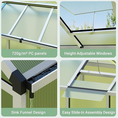 Greenhouse, 6x8 Ft Outdoor Greenhouses, Accessible Green House with Roof Vents and Sliding Doors, Aluminum Frame Polycarbonate Greenhouses, Large Greenhouse for Outdoor Gardens and Backyards, Silver