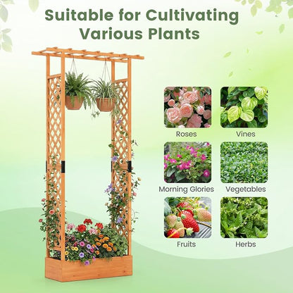 Giantex Wooden Raised Garden Bed with Trellis & Hanging Roof, Fir Wood Planter Box, 89” Freestanding Elevated Garden Bed for Outdoor Climbing Plants Vegetables Flowers, Patio & Balcony, Orange
