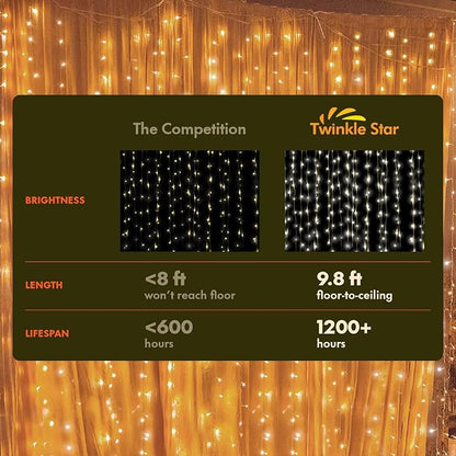 Twinkle Star 300 LED Window Curtain String Lights, Warm White, 2 Pack | 8 Modes, Fairy Lights, Wedding Party Home Garden Decor, Indoor Outdoor Wall