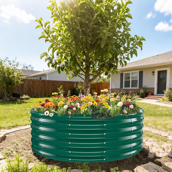 YSEJOMP 17" Tall 48" Diameter Round Raised Garden Bed Kits Outdoor Green | Heavy Duty,Rustproof,Durable & Stylish,1.5 FT Tall,4FT Planter Bed,0.8MM Thick Galvanized Metal Painted,with Gloves,Tool free