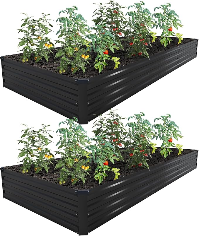2PCS 12x4x1ft Galvanized Raised Garden Bed Kit,Gardening Planter Box | Outdoor Elevated Metal Planter Box For Vegetables, Flowers, Herbs, Anti-Rust Galvanized Steel, Open Drainage, Sturdy (Black)
