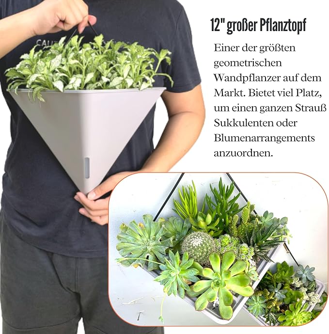 LaLaGreen Succulent Wall Planters (12in, 2 Pack) Large Self Watering Pots | Wall Hanging Planters for Indoor Plants Gray Wall Mount Triangle Geometric Flower Vase Black Metal Hanger Living Wall Decor