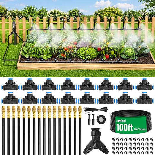 MIXC 1/4" 100Ft Drip Irrigation System for Garden with 16pcs 360°Adjustable Brass Nozzles & Bendable Rod,Upgraded Watering System Kit for Outdoor Plants,Lawn,Raised Bed,Potted Plant,Yard,Greenhouse