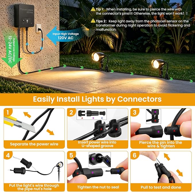 Low Voltage Landscape Lighting Kit, 20W 2700K LED Landscape Lights with Transformer 65FT Wire & Connectors, IP66 Waterproof Pathway Lights Outdoor Spotlight for Garden Yard Patio (6 Pack)