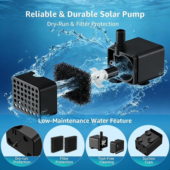Solar Fountain Pump for Bird Bath, 4W Solar Water Fountain with 5 Spray Modes & 4ft Hose, 9.8ft Power Cord, Dry-Run Protection & Low Noise for Garden Small Pond Fish Tank DIY Water Feature