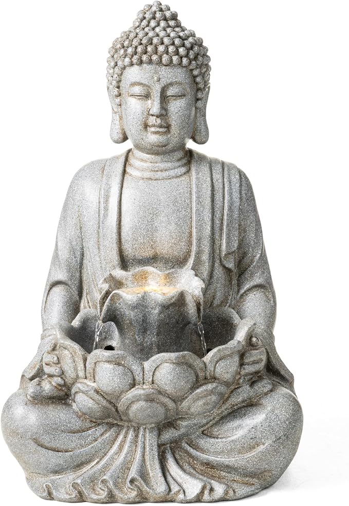 Glitzhome 23.25" Zen Buddha Fountain, Outdoor Water Fountain with LED Light, Polyresin Stone Powder Concrete Finish Meditating Buddha Statue for Garden Patio Yard Deck, 4 Warm LED Lights