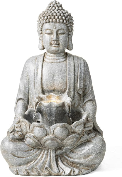 Glitzhome 23.25" Zen Buddha Fountain, Outdoor Water Fountain with LED Light, Polyresin Stone Powder Concrete Finish Meditating Buddha Statue for Garden Patio Yard Deck, 4 Warm LED Lights