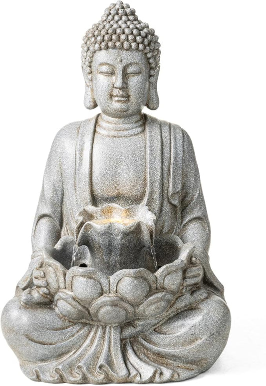Glitzhome 23.25" Zen Buddha Fountain, Outdoor Water Fountain with LED Light, Polyresin Stone Powder Concrete Finish Meditating Buddha Statue for Garden Patio Yard Deck, 4 Warm LED Lights