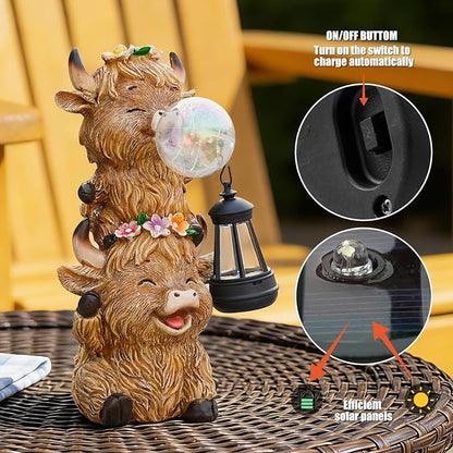 Joint Honglin Solar Highland Cow Garden Statue, Cute Resin Outdoor Decor with Glowing Lantern & Light-Up Bubble, Waterproof Solar Yard Ornament for Lawn, Patio & Garden Decorative Gift (Brown Cow)