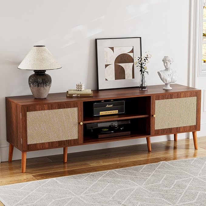 ZttRiee TV Stand with Rattan Doors for TVs up to 65", Mid-Century, Walnut | 54.7"W x 15.7"D x 18.9"H, 150 lbs capacity, 2 rattan-door cabinets & 1 shelf (4 compartments), 2 cord holes, 6 wood feet