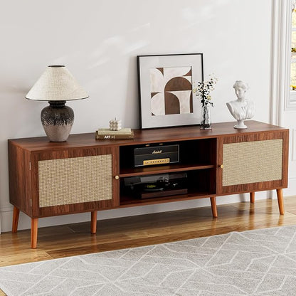 ZttRiee TV Stand with Rattan Doors for TVs up to 65", Mid-Century, Walnut | 54.7"W x 15.7"D x 18.9"H, 150 lbs capacity, 2 rattan-door cabinets & 1 shelf (4 compartments), 2 cord holes, 6 wood feet