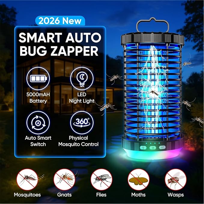 Bug Zapper Outdoor, 2026 Upgraded 3 in 1 Rechargeable Bug Zapper with 5000mAh Battery & LED Night Light, 4000V Cordless Waterproof Mosquito Zapper for Outside,Patio,Backyard,Garden Black 01