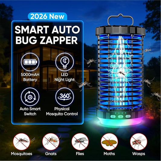 Bug Zapper Outdoor, 2026 Upgraded 3 in 1 Rechargeable Bug Zapper with 5000mAh Battery & LED Night Light, 4000V Cordless Waterproof Mosquito Zapper for Outside,Patio,Backyard,Garden Black 01
