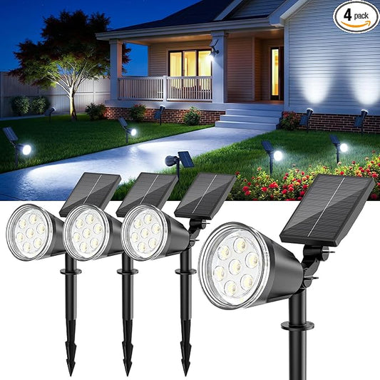 Solar Spot Lights Outdoor, 1000LM Big Adjustable Solar Lights Outdoor Waterproof, 2-in-1 Solar Powered Spotlights Landscape Lighting for Garden, Yard, Pathway, Tree, Flag (4P, Cool White)