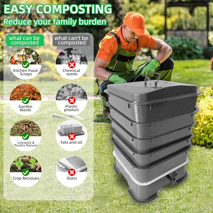 5-Tray Worm Compost Bin, Worm Composter for Outdoor & Indoor, 5-Tray ecocultivatify Wormie's Home Plus, Worm Bin Set for Recycling Household Waste (Black)