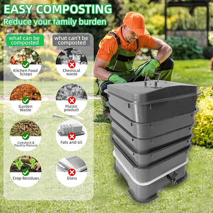 5-Tray Worm Compost Bin, Worm Composter for Outdoor & Indoor, 5-Tray ecocultivatify Wormie's Home Plus, Worm Bin Set for Recycling Household Waste (Black)