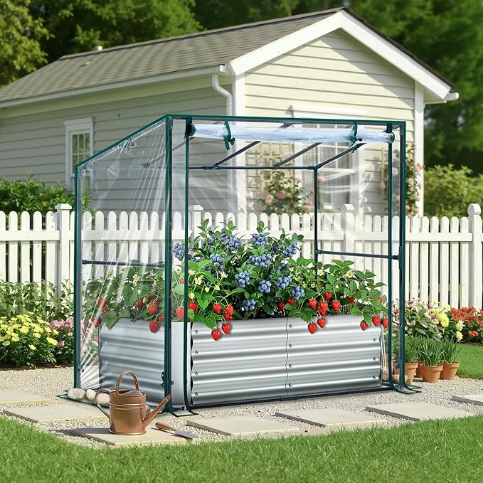 Ohuhu Raised Garden Bed with Cover Outdoor, 4x2x1 FT Galvanized Metal Planter Box with PVC Greenhouse Cover, Protects Plants from Frost Birds Insects, 3-in-1 Gardening Set for Vegetable Flower Herb