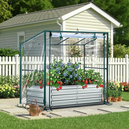 Ohuhu Raised Garden Bed with Cover Outdoor, 4x2x1 FT Galvanized Metal Planter Box with PVC Greenhouse Cover, Protects Plants from Frost Birds Insects, 3-in-1 Gardening Set for Vegetable Flower Herb