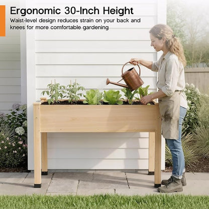 SPECRAFT 48 x 24 x 30 Inches Raised Garden Bed with Legs, 5 Cu Ft Wooden Planter Box with Drainage Holes & Liner, Outdoor Raised Garden Beds for Patio Backyard Gardening, Natural Wood Color