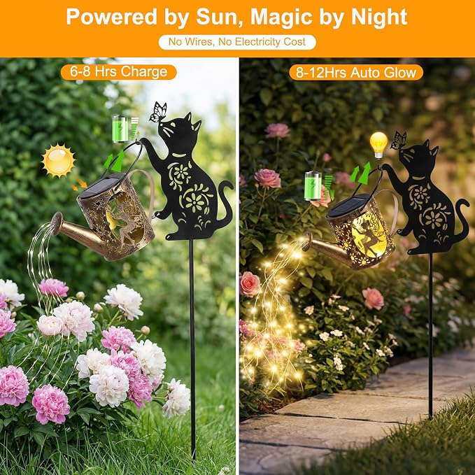 Solar Watering Can Light Outdoor Garden Decor Gifts for Cat Lover Mom Women | Cat Garden Decor, Rust-Resistant Metal, IP65 Waterproof, 8-12H Auto On/Off, Patio Pathway Yard
