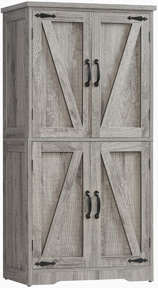 TEENFON Farmhouse Storage Cabinet with 2 Adjustable Shelves, Bathroom Cabinet with 4 Doors, Cupboard for Kitchen, Living Room, Rustic Gray