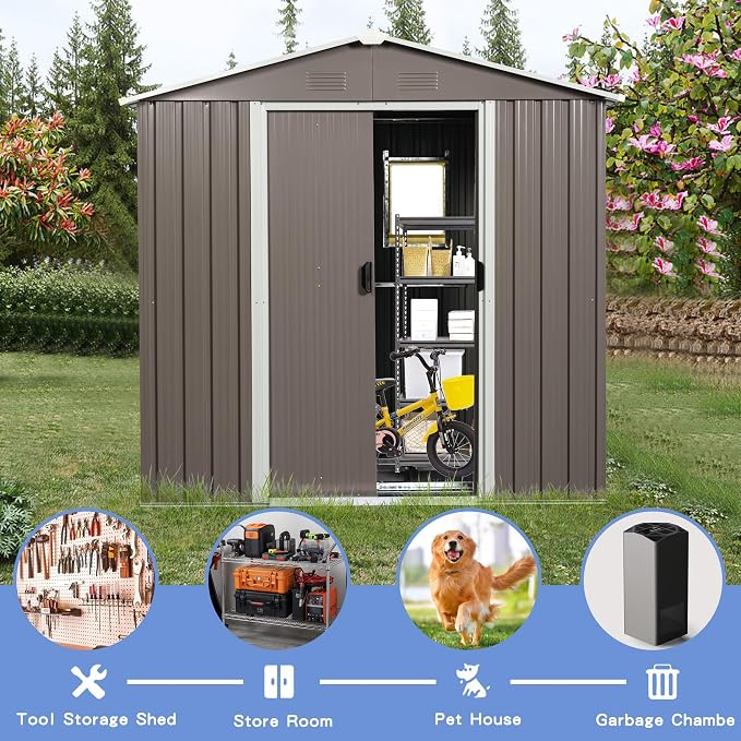 YOPTO 8×4 FT Outdoor Metal Storage Shed with Window and Integrated Punched Vents,Large Garden Outdoor Shed W/Sliding Doors & Padlock,Rust UV & Waterproof Tool Sheds for Backyard,Lawn,Patio,Grey
