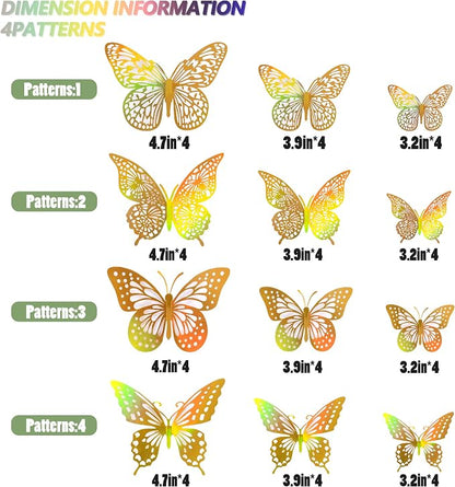 SAOROPEB 3D Butterfly Wall Decor - 48 Pcs, 4 Styles, 3 Sizes - Removable Gold Decorations for Birthday & Party Celebrations