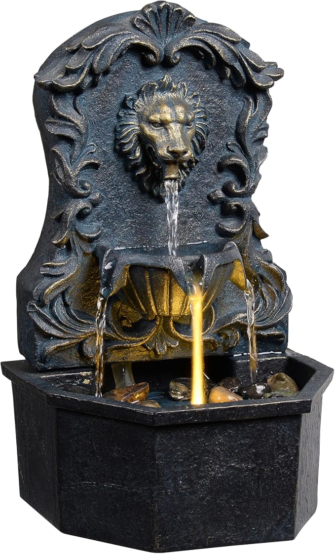 Tabletop Waterfall Fountain with Lion Head – Resin Table Top Water Fountains Indoor for Desk & Home Decor (RJ-21116N)