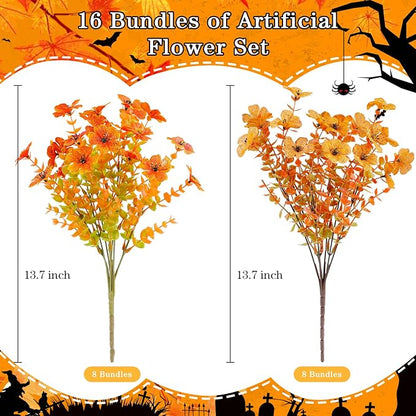 AGIRL 16 Bundles Artificial Fall Flowers Outdoor Indoor Decoration,No Fade Autumn Fake Plastic Plants with Eucalyptus Leaves,Faux Mums for Thanksgiving Garden Front Door Porch Patio Fall Decor