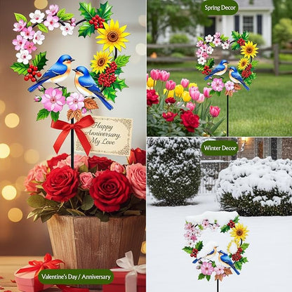 Garden Stakes Metal Bluebird - Heart Shaped Pair of Blue Birds with Flowers Colorful Yard Decor, Outdoor Lawn Ornament (Bluebird Couple)