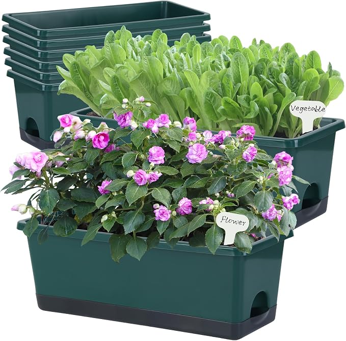 Oliz Window Box Planter 8 Pcs, 17 Inches Rectangle Flower Pots with Drainage Holes & Trays, Vegetable Planters for Windowsill Patio Garden Balcony Home Indoor Outdoor (Dark Green, 16 * 7 * 6 inch)