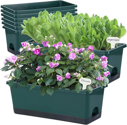 Oliz Window Box Planter 8 Pcs, 17 Inches Rectangle Flower Pots with Drainage Holes & Trays, Vegetable Planters for Windowsill Patio Garden Balcony Home Indoor Outdoor (Dark Green, 16 * 7 * 6 inch)