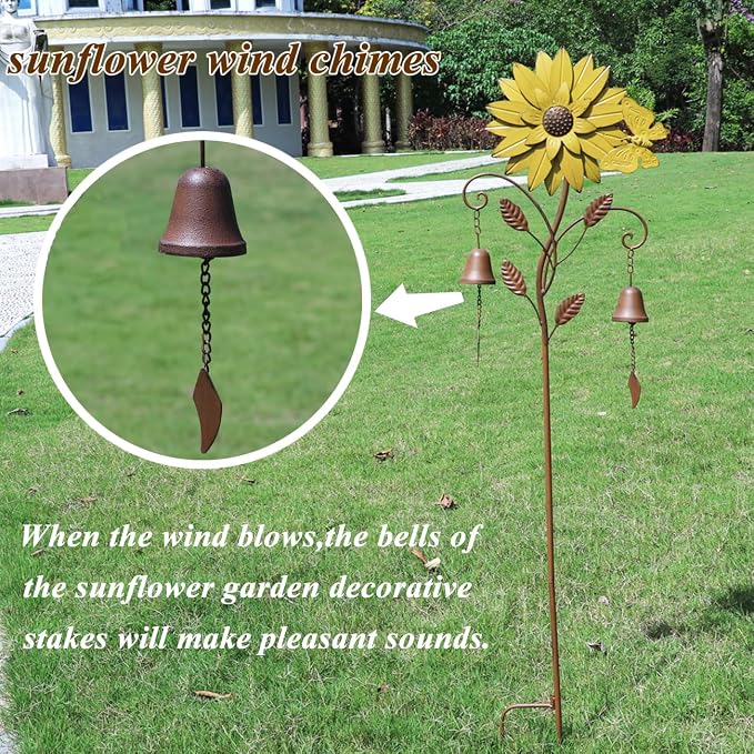 Decorative Garden Stakes,Garden Stake with Bells,Metal Flower Garden Decor | 50"H Sunflower Metal Flower Garden Stake with Bells, Lawn and Flower Bed Outdoor Garden Decor
