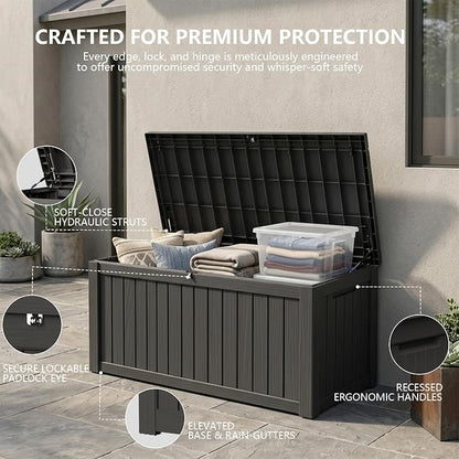 Outdoor Storage Box, 150 Gallon Waterproof Deck Box [Upgraded 3.1], Large Resin Storage with Hydraulic Gas Lifts for Cushions, Heavy Duty Lockable Bench Seat, Backyard Party, Black