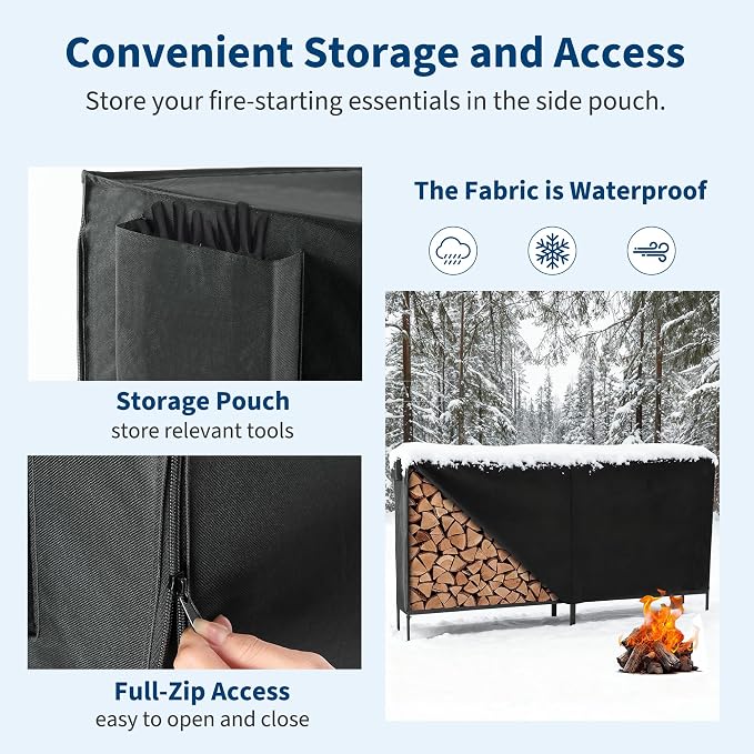 DUMOS 8FT Heavy Duty Firewood Storage Rack, Heavy Duty Firewood Log Racks with Cover and Zipper, Outdoor Fire Wood Racks Storage Logs Rack and Cover Set for Farm, Garden, Patio, Black