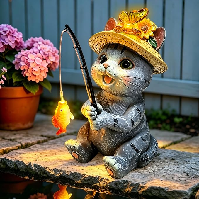 VOOKRY Solar Garden Cat Statues, Outdoor Fishing Cat with Solar Lights Waterproof, Birthday Gifts for Cat Lovers Mom Women Christmas, Garden Figurines for Yard Decor Patio Porch Lawn Ornaments